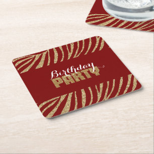 Red Gold Zebra Print Faux Glitter Birthday Square Paper Coaster