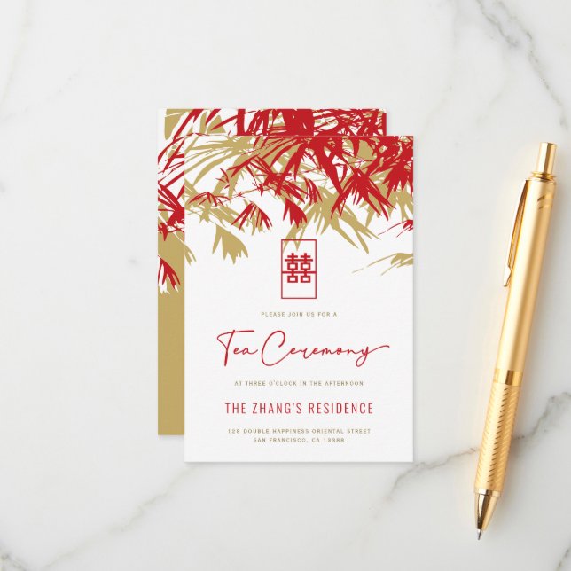 Red/Gold Zen Bamboo Leaves Chinese Tea Ceremony Enclosure Card (Front/Back In Situ)