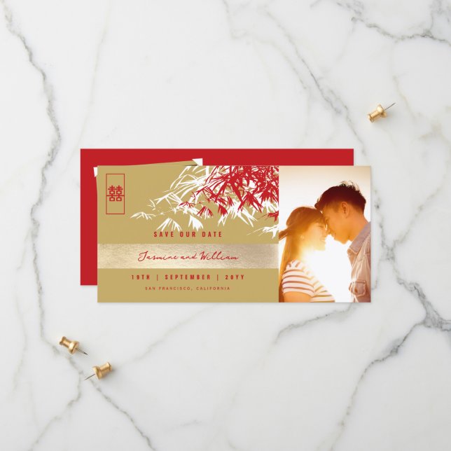Red Gold Zen Bamboo Leaves Photo Chinese Wedding Save The Date (Front/Back In Situ)