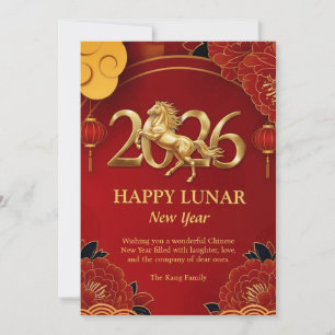 Red Gold Zodiac 2026 Horse Chinese Lunar New Year Holiday Card