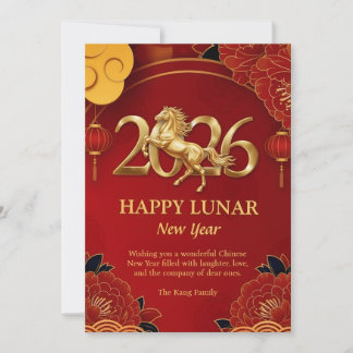 Red Gold Zodiac 2026 Horse Chinese Lunar New Year  Holiday Card