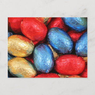 Red, golden and blue Belgian chocolate Easter eggs Holiday Postcard