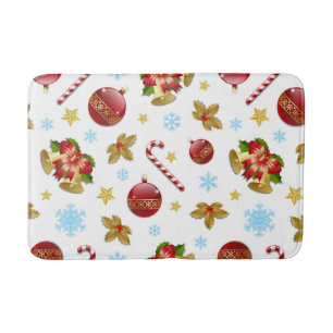 Red & Golden Christmas balls, Christmas holly Bath Mat