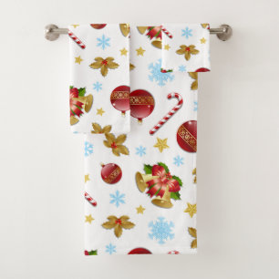 Red & Golden Christmas balls, Christmas holly Bath Towel Set