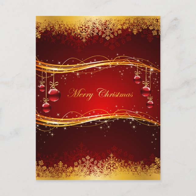 Red & Golden Christmas balls & Snowflakes Holiday Postcard (Front)