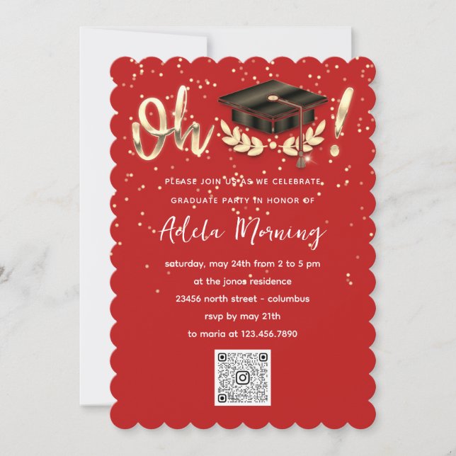 Red Golden Confetti Graduate Party QR Code  Invitation (Front)