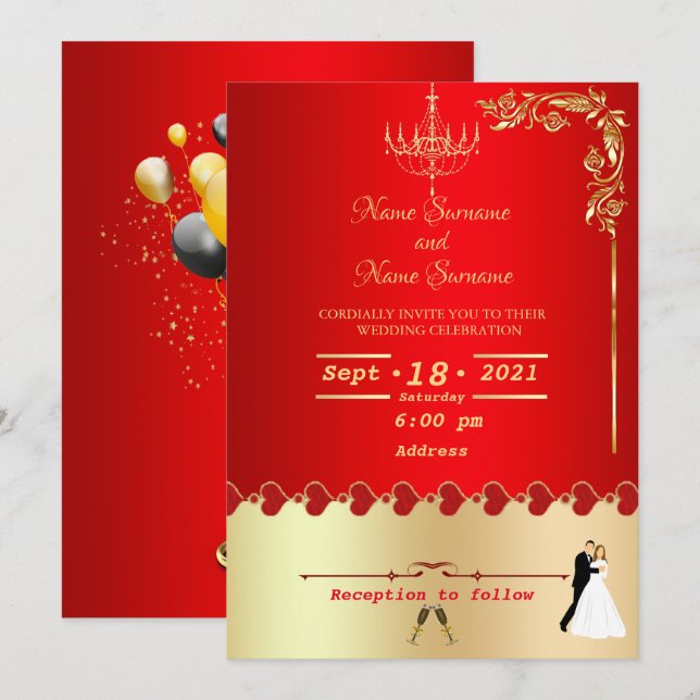 Red golden decor invitation (Front/Back)