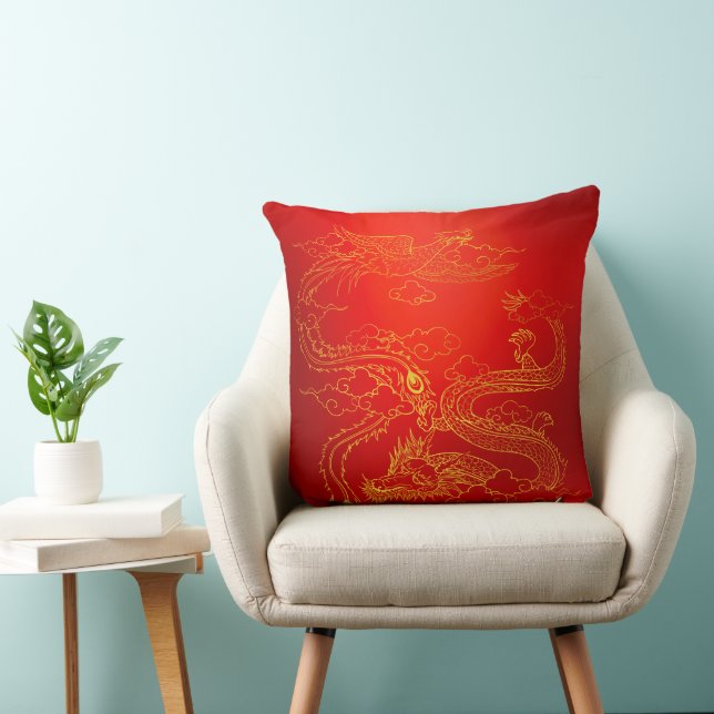 Red Golden Dragon Phoenix Lucky Omen Rejoicing Cushion (Chair)
