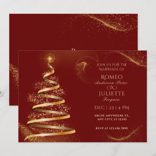 Red golden elegant christmas tree wedding invitation (Front/Back)