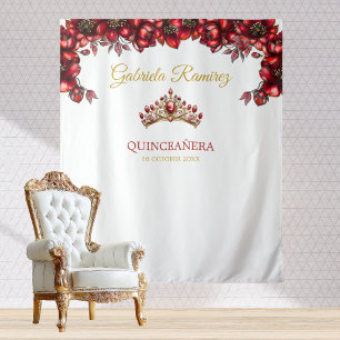 Red Golden Floral Quinceañera Backdrop Tapestry