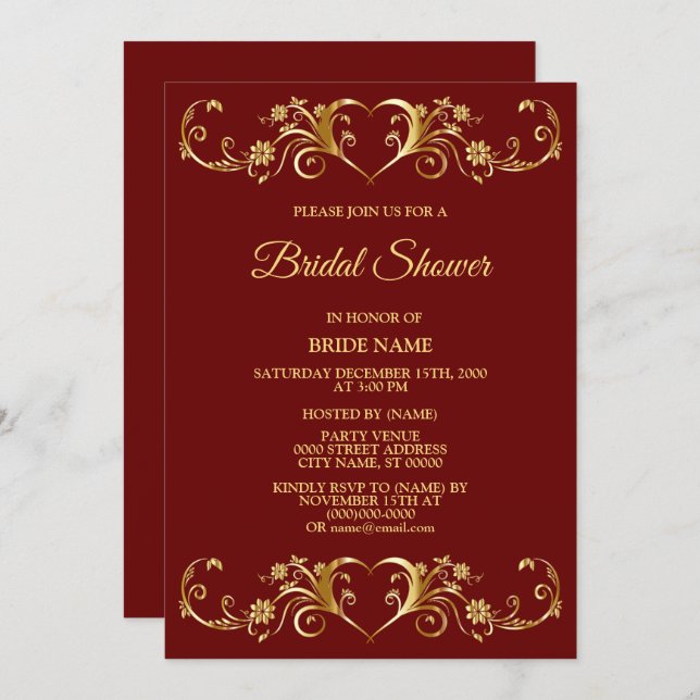 Red Golden Geometric Elegant Bridal Shower Party Invitation (Front/Back)