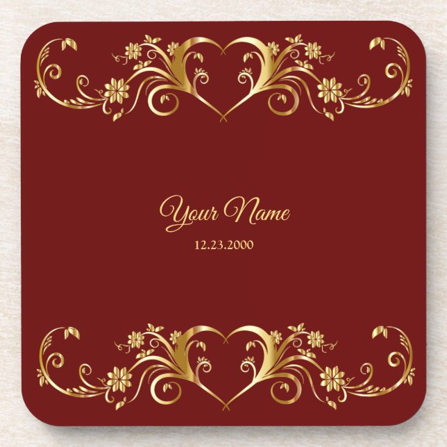 Red Golden Geometric Elegant Wedding Party Coaster (Front)
