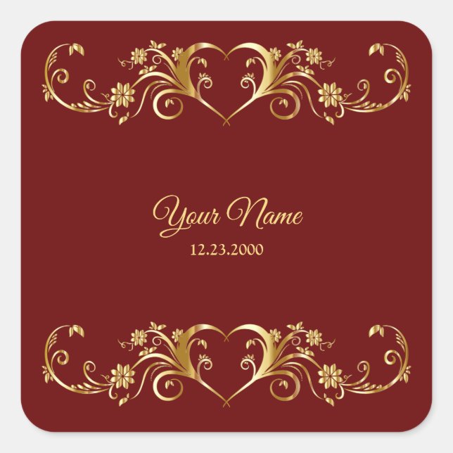Red Golden Geometric Elegant Wedding Party Square Sticker (Front)