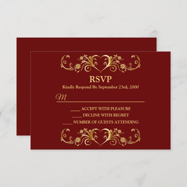 Red Golden Geometric Trendy Wedding RSVP Card (Front/Back)