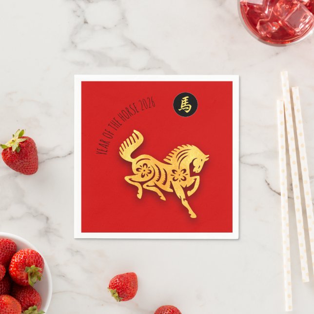 Red Golden Horse Papercut Chinese New Year 2026 N Napkin (Insitu)