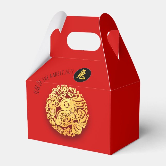 Red Golden Rabbit Papercut Chinese New Year 2023 Favour Box (Front Side)