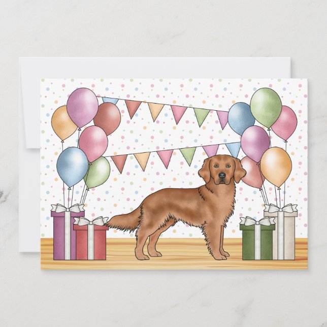 Red Golden Retriever Colourful Pastel Birthday Invitation (Front)