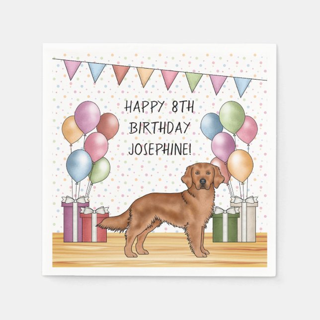 Red Golden Retriever Colourful Pastel Birthday Napkin (Front)