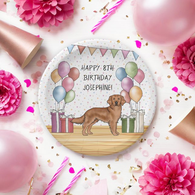 Red Golden Retriever Colourful Pastel Birthday Paper Plate (Creator Uploaded)