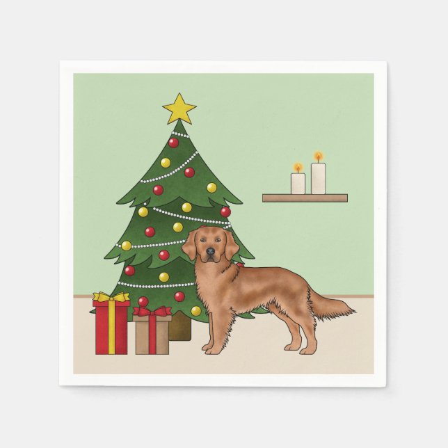 Red Golden Retriever Dog And Green Christmas Tree Napkin (Front)