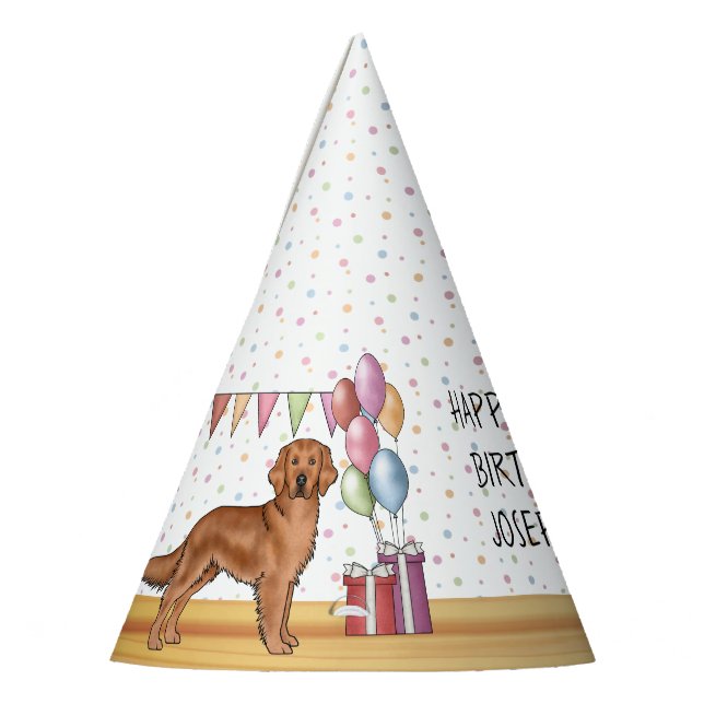 Red Golden Retriever Dog Colourful Happy Birthday Party Hat (Left)