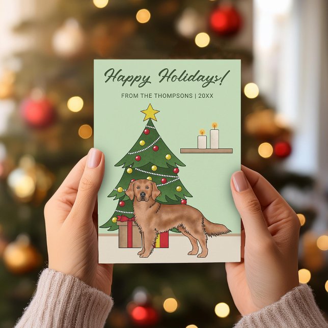 Red Golden Retriever Dog Green Christmas Tree Holiday Card (Creator Uploaded)