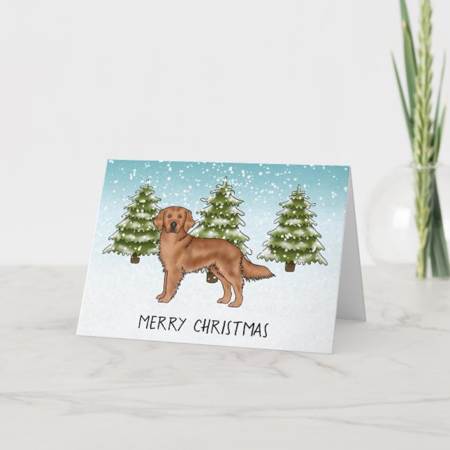 Red Golden Retriever Dog Winter Merry Christmas Card (Front)