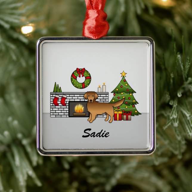 Red Golden Retriever In Festive Room & Name Metal Tree Decoration (Tree)