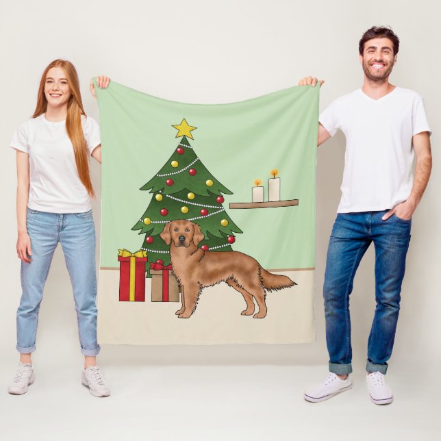 Red Golden Retriever With Green Christmas Tree Fleece Blanket (In Situ)
