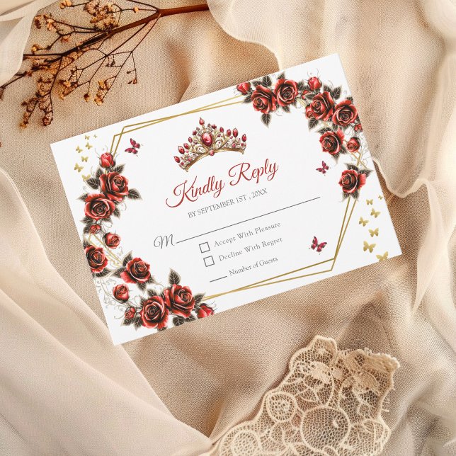 Red Golden Roses Tiara Butterflies Quinceañera RSVP Card (Creator Uploaded)