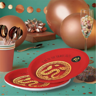 Red Golden Snake Papercut Chinese New Year 2025 P Paper Plate