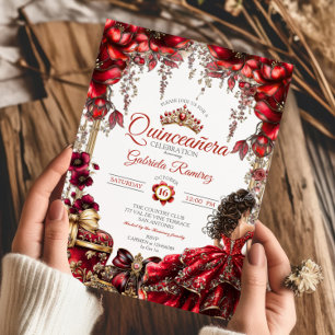 Red Golden Tiara Floral  Quinceañera Invitation