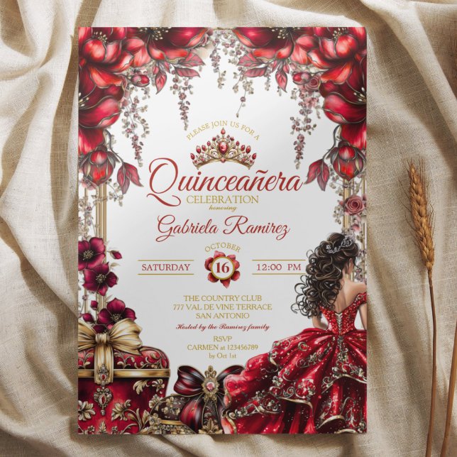 Red Golden Tiara Floral  Quinceañera Invitation (Creator Uploaded)