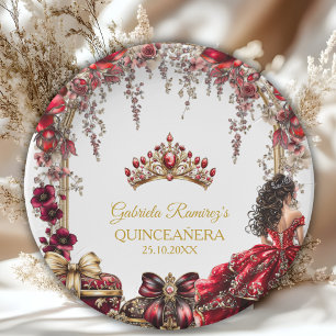 Red Golden Tiara Floral Quinceañera Paper Plate