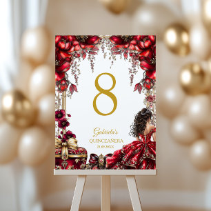 Red Golden Tiara Floral Quinceañera  Table Number