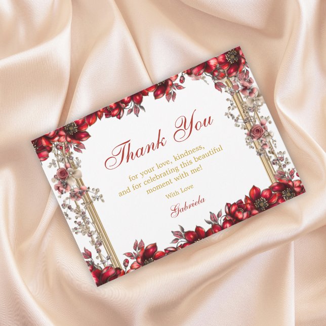 Red Golden Tiara Floral Quinceañera Thank You Card (Creator Uploaded)