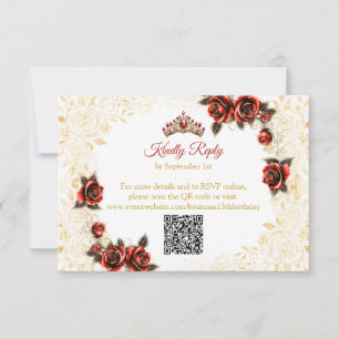 Red Golden Tiara Roses Butterflies Quinceañera RSVP Card