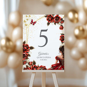 Red Golden Tiara Roses Butterflies Quinceañera  Table Number