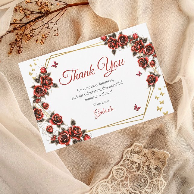 Red Golden Tiara Roses Butterflies Quinceañera Thank You Card (Creator Uploaded)