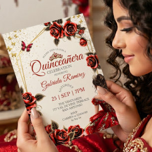 Red Golden Tiara Roses Butterfly Quinceañera Invitation