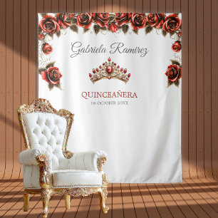 Red Golden Tiara Roses Quinceañera Backdrop Tapestry