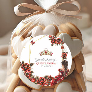 Red Golden Tiara Roses Quinceañera Classic Round Sticker