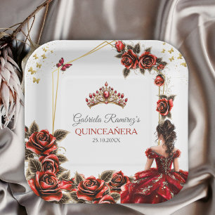 Red Golden Tiara Roses Quinceañera Paper Plate
