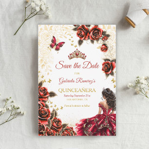 Red Golden Tiara  Roses Quinceañera Save The Date