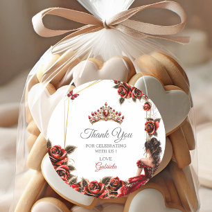 Red Golden Tiara Roses Quinceañera Thank You Classic Round Sticker