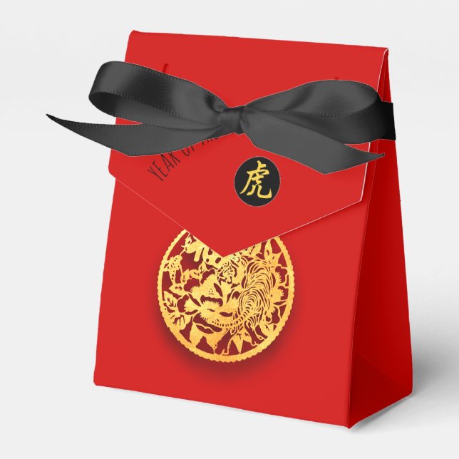 Red Golden Tiger Papercut Chinese New Year 2022 TF Favour Box (Front Side)