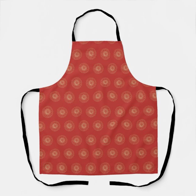 Red | Golden Zinnia Flower Medallions Apron (Front)