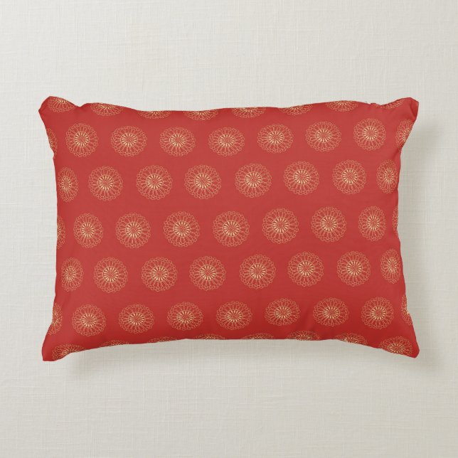 Red | Golden Zinnia Flower Medallions Decorative Cushion (Front)