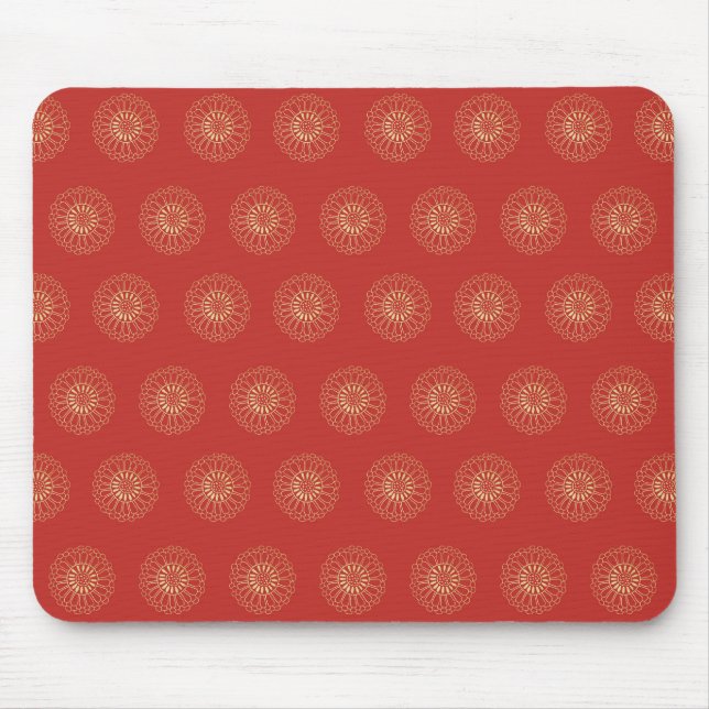 Red | Golden Zinnia Flower Medallions Mouse Mat (Front)