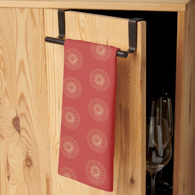 Red | Golden Zinnia Flower Medallions Tea Towel (Thirds Fold)